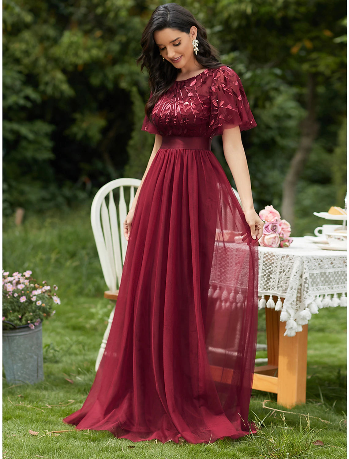 Wholesale  A-Line Prom Dresses Vintage Dress Prom Floor Length Short Sleeve Jewel Neck Tulle with Sequin Ruffles Appliques